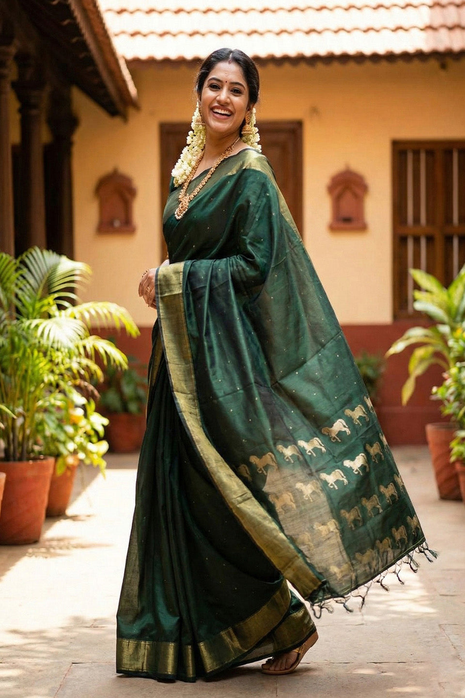 Dark Green Traditional Silk Saree for Women with Golden Zari Border