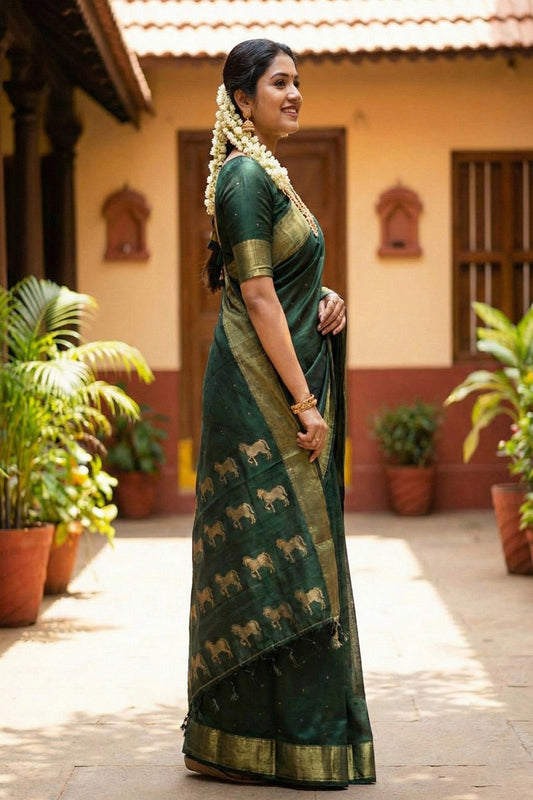 Dark Green Traditional Silk Saree for Women with Golden Zari Border