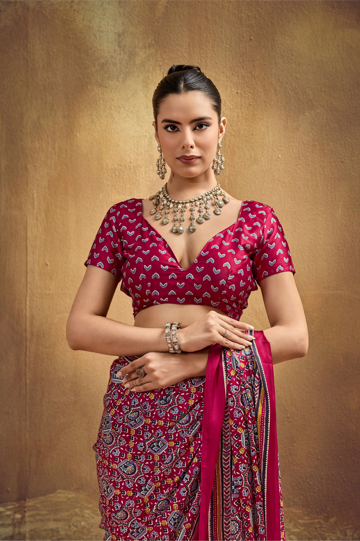 Deep Red Printed Silk Saree with Ajrakh-Inspired Traditional Motifs