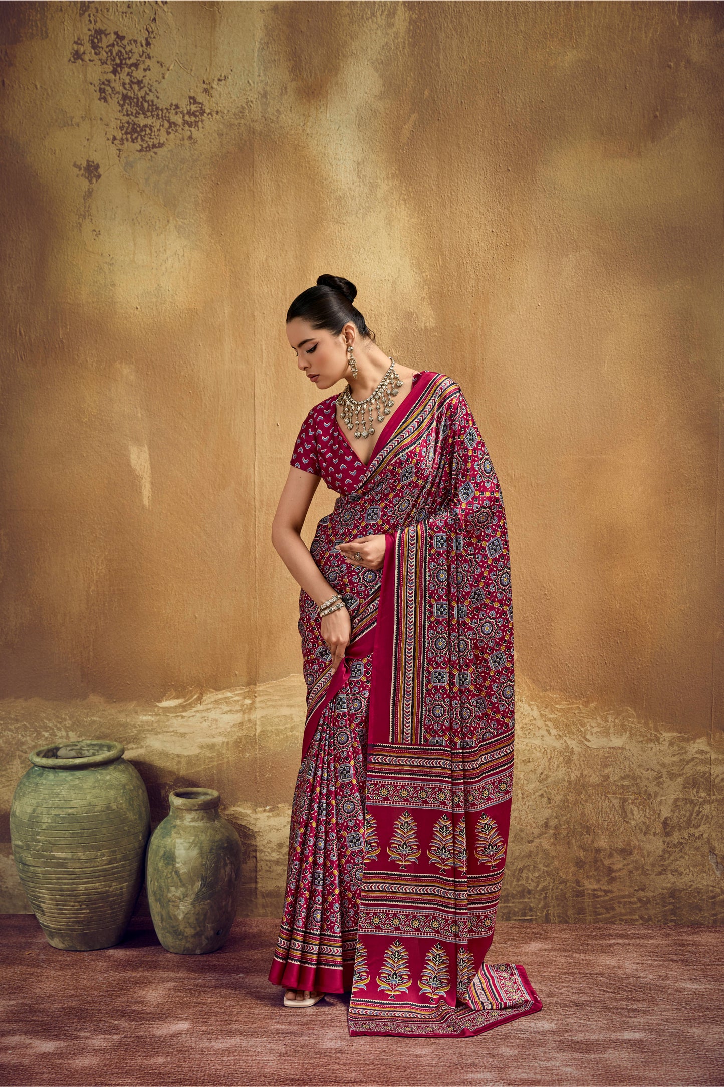 Deep Red Printed Silk Saree with Ajrakh-Inspired Traditional Motifs