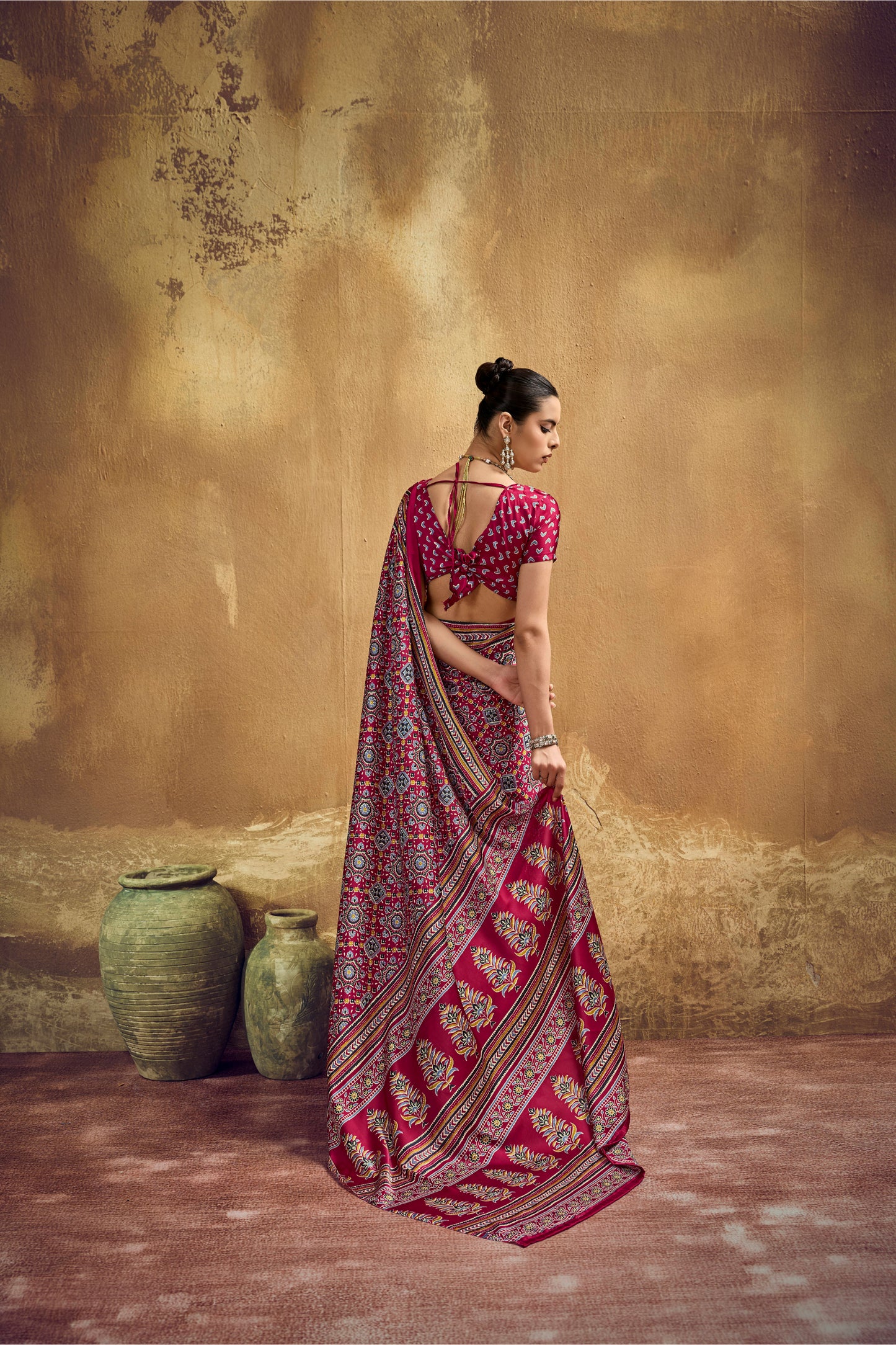 Deep Red Printed Silk Saree with Ajrakh-Inspired Traditional Motifs