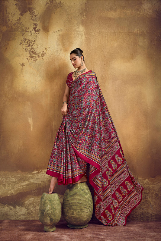 Deep Red Printed Silk Saree with Ajrakh-Inspired Traditional Motifs
