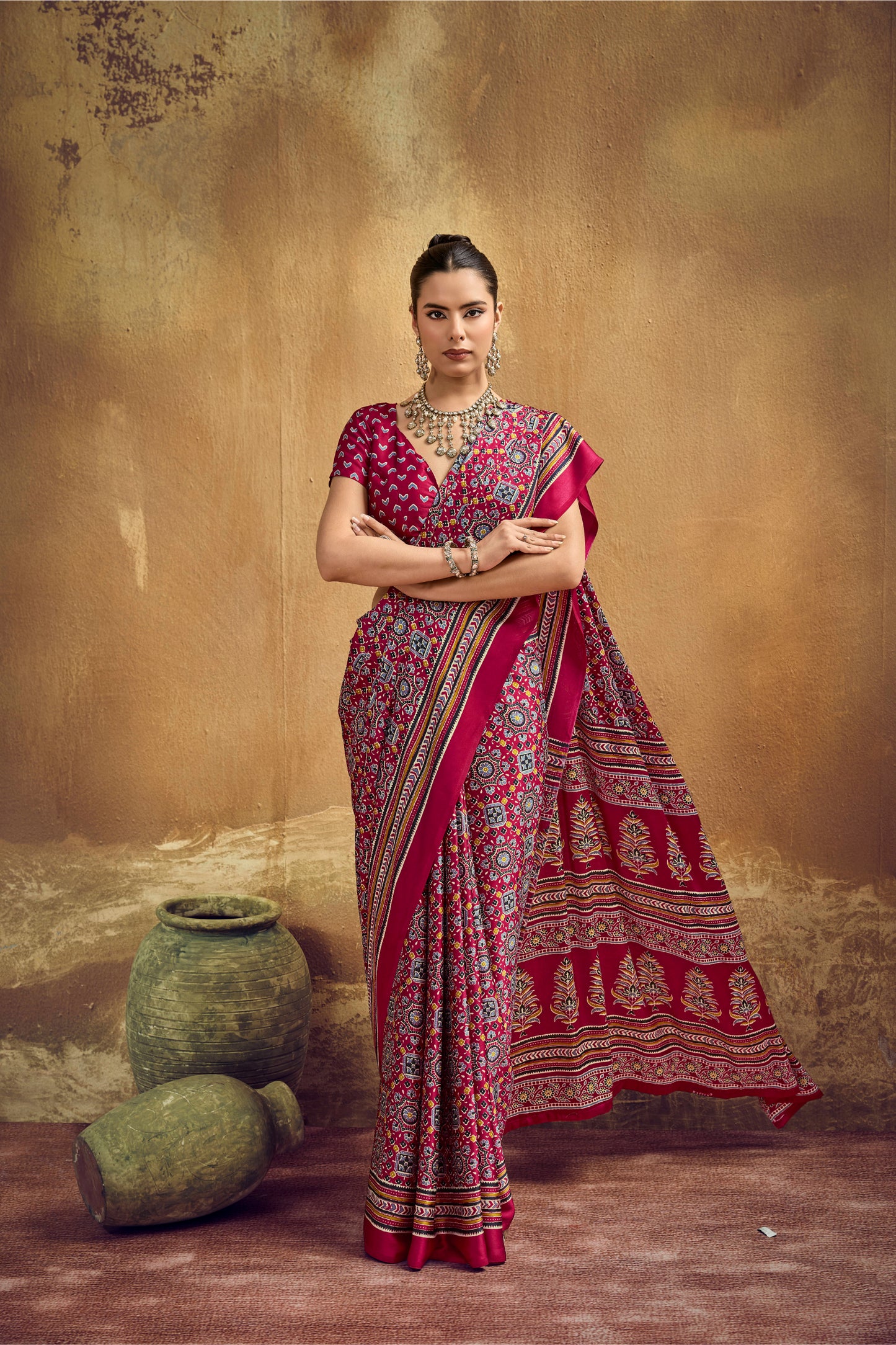 Deep Red Printed Silk Saree with Ajrakh-Inspired Traditional Motifs