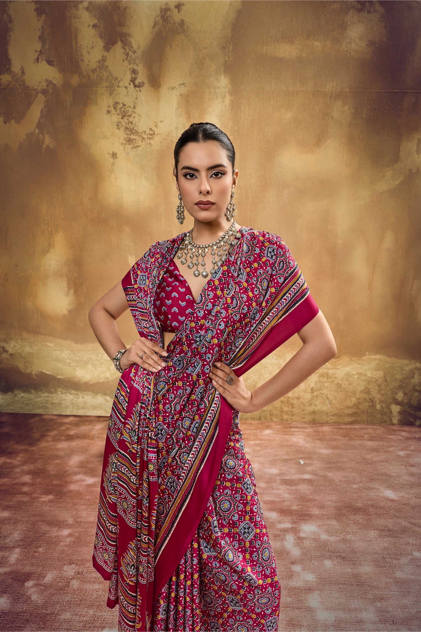 Deep Red Printed Silk Saree with Ajrakh-Inspired Traditional Motifs