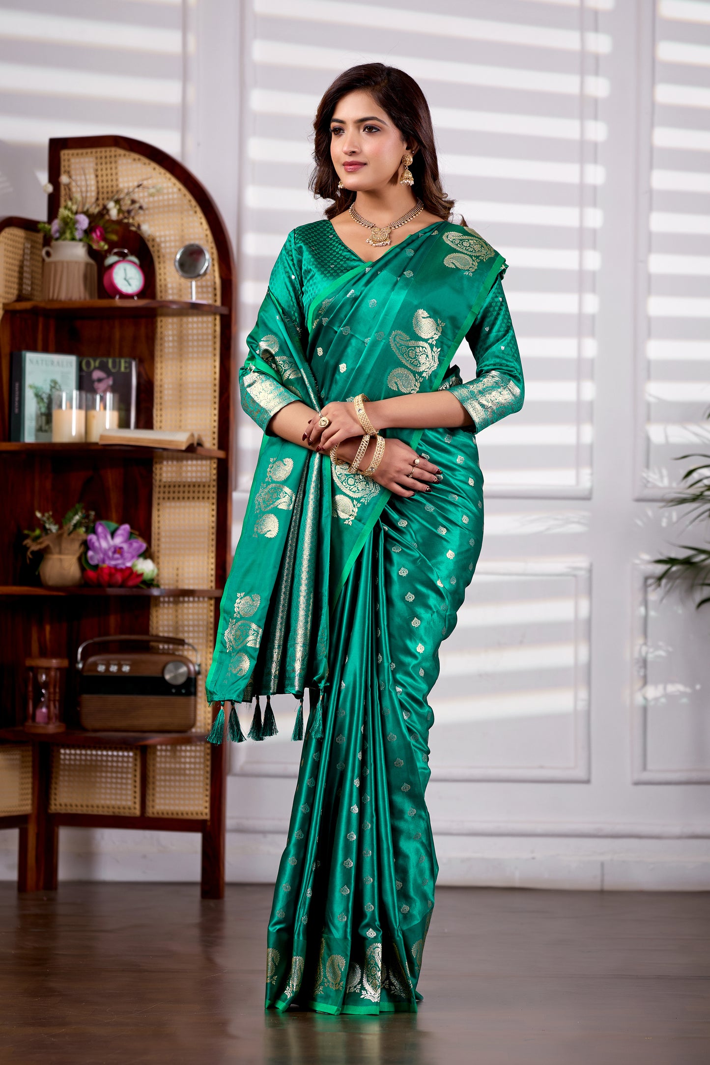 Emerald Green Banarasi Kanjivaram Silk Saree with Rich Zari Work