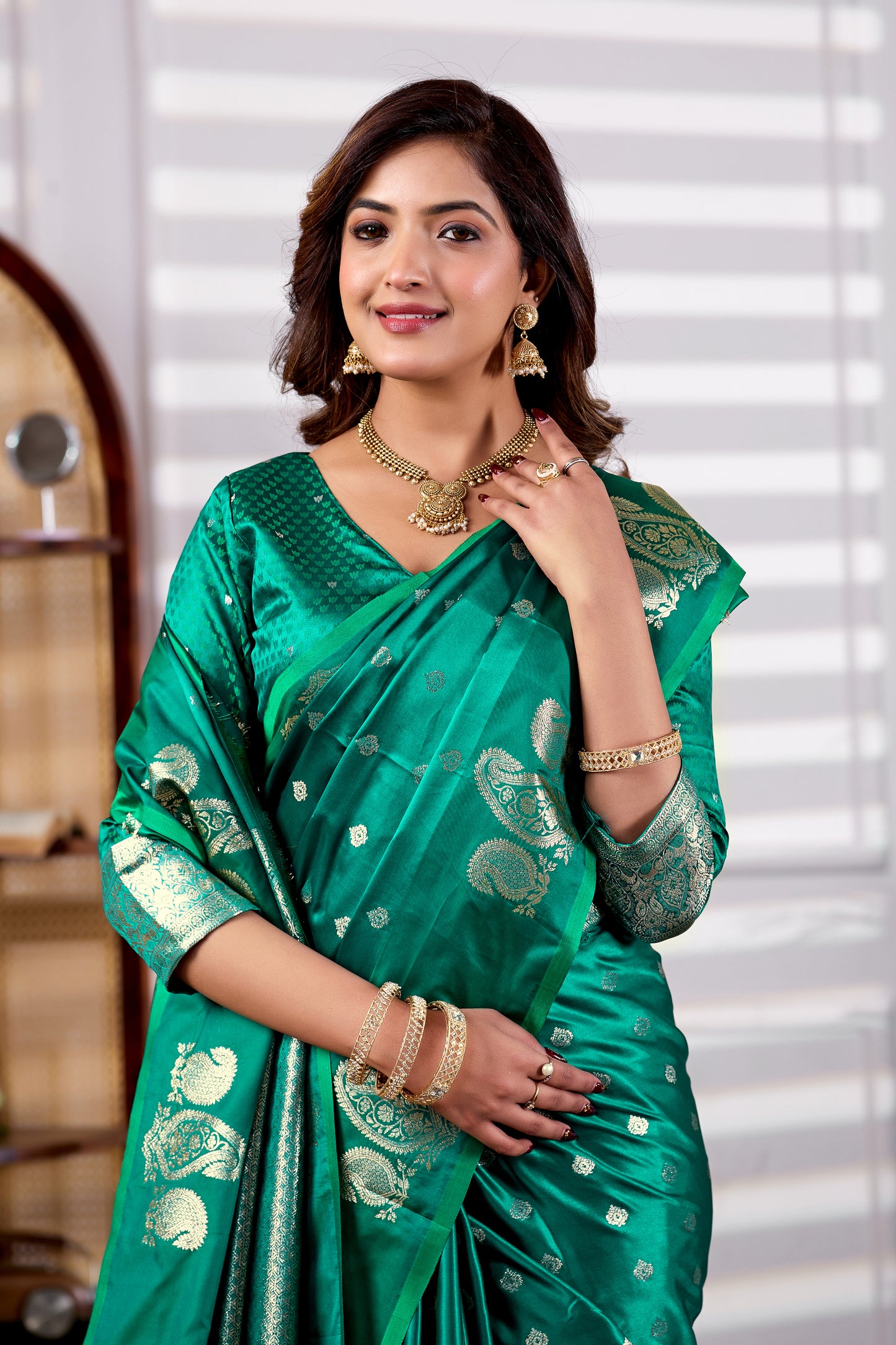 Emerald Green Banarasi Kanjivaram Silk Saree with Rich Zari Work