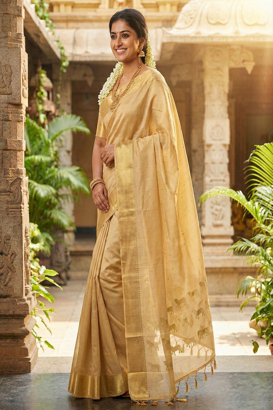 Elegant Beige Gold Soft Silk Saree with Zari Border