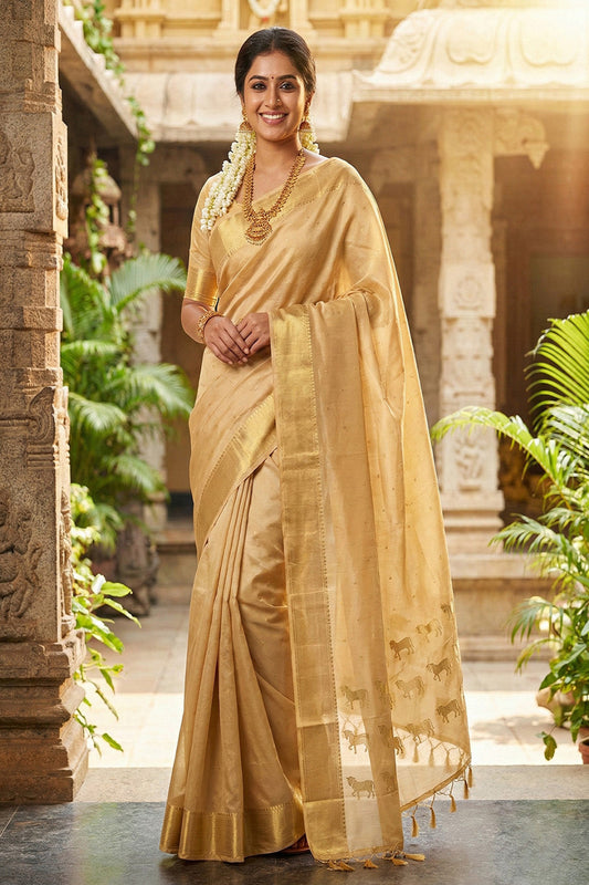 Elegant Beige Gold Soft Silk Saree with Zari Border