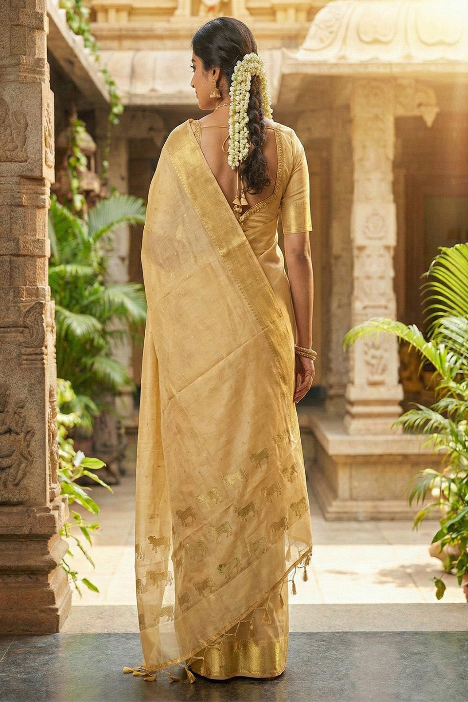 Elegant Beige Gold Soft Silk Saree with Zari Border