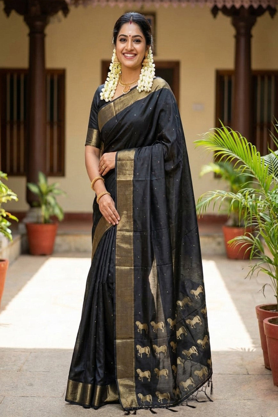 Elegant Black Soft Silk Saree with Golden Zari Border
