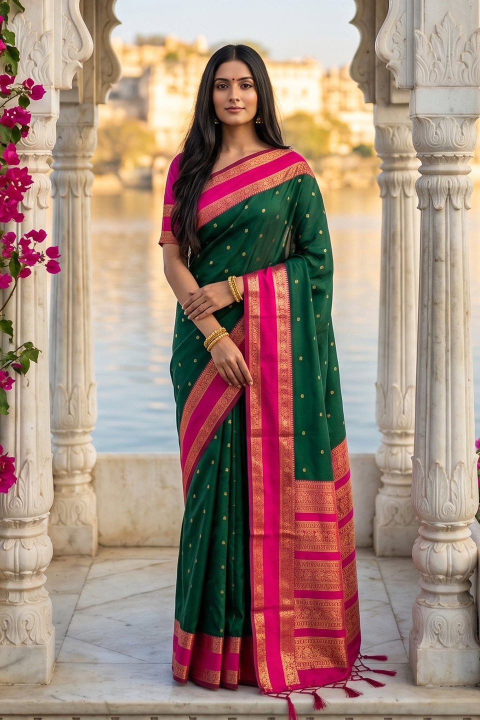Elegant Dark Green Soft Silk Saree with Rani Pink Zari Border for Women