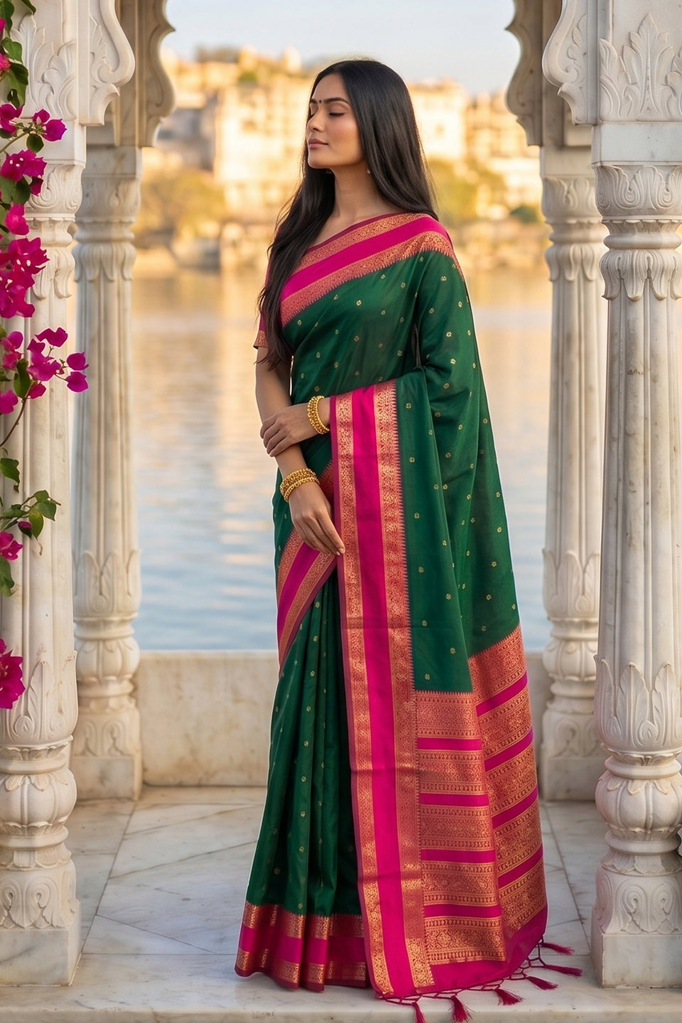 Elegant Dark Green Soft Silk Saree with Rani Pink Zari Border for Women
