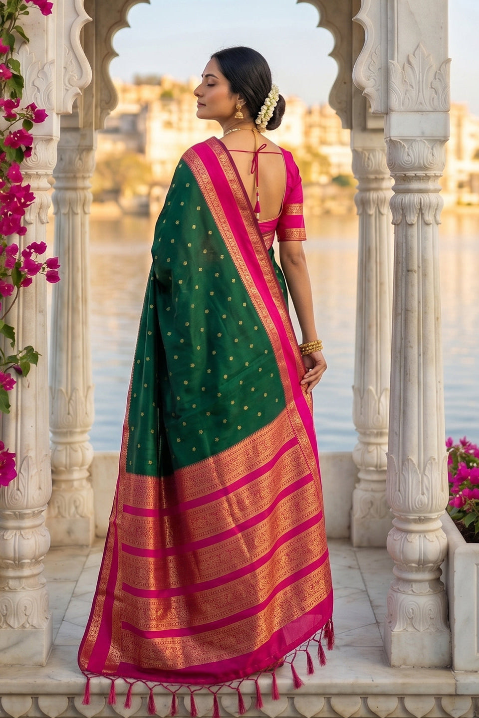 Elegant Dark Green Soft Silk Saree with Rani Pink Zari Border for Women