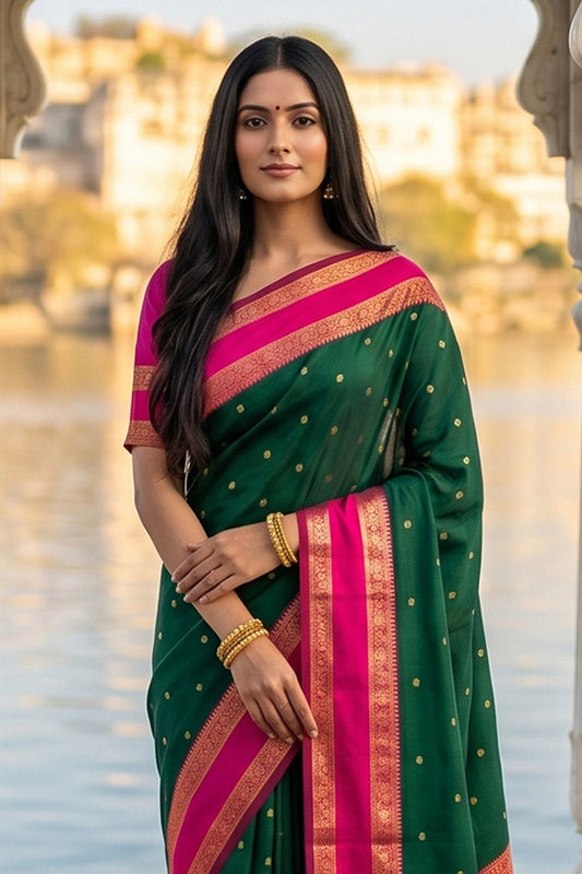 Elegant Dark Green Soft Silk Saree with Rani Pink Zari Border for Women