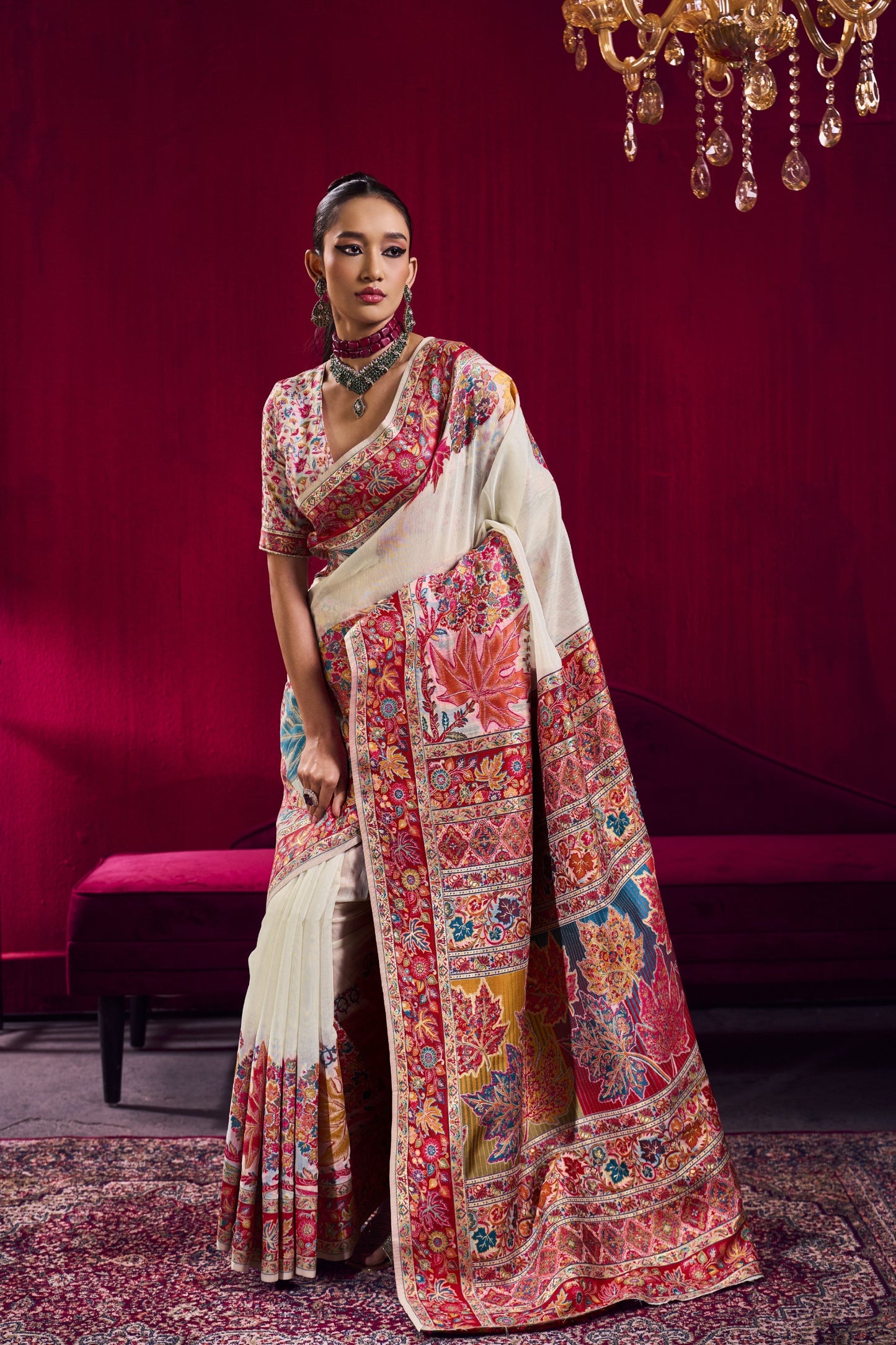 Elegant Ivory Silk Saree with Multicolor Kashmiri Floral Weaving Border