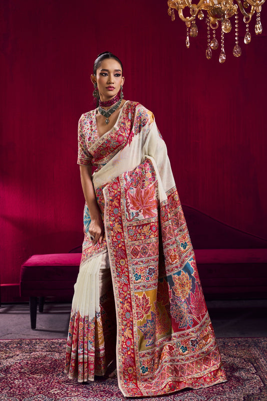 Elegant Ivory Silk Saree with Multicolor Kashmiri Floral Weaving Border