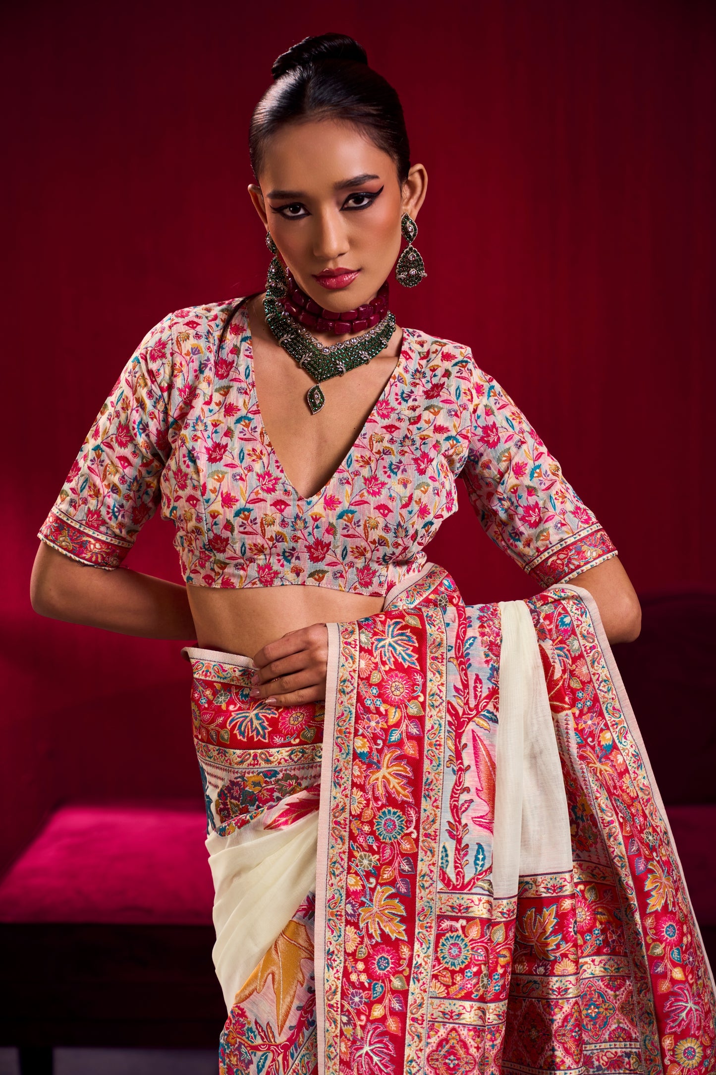Elegant Ivory Silk Saree with Multicolor Kashmiri Floral Weaving Border