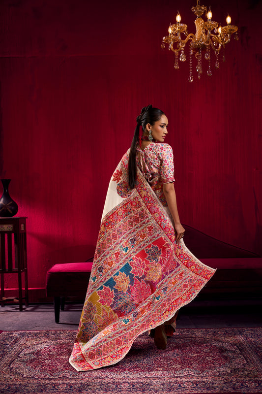 Elegant Ivory Silk Saree with Multicolor Kashmiri Floral Weaving Border