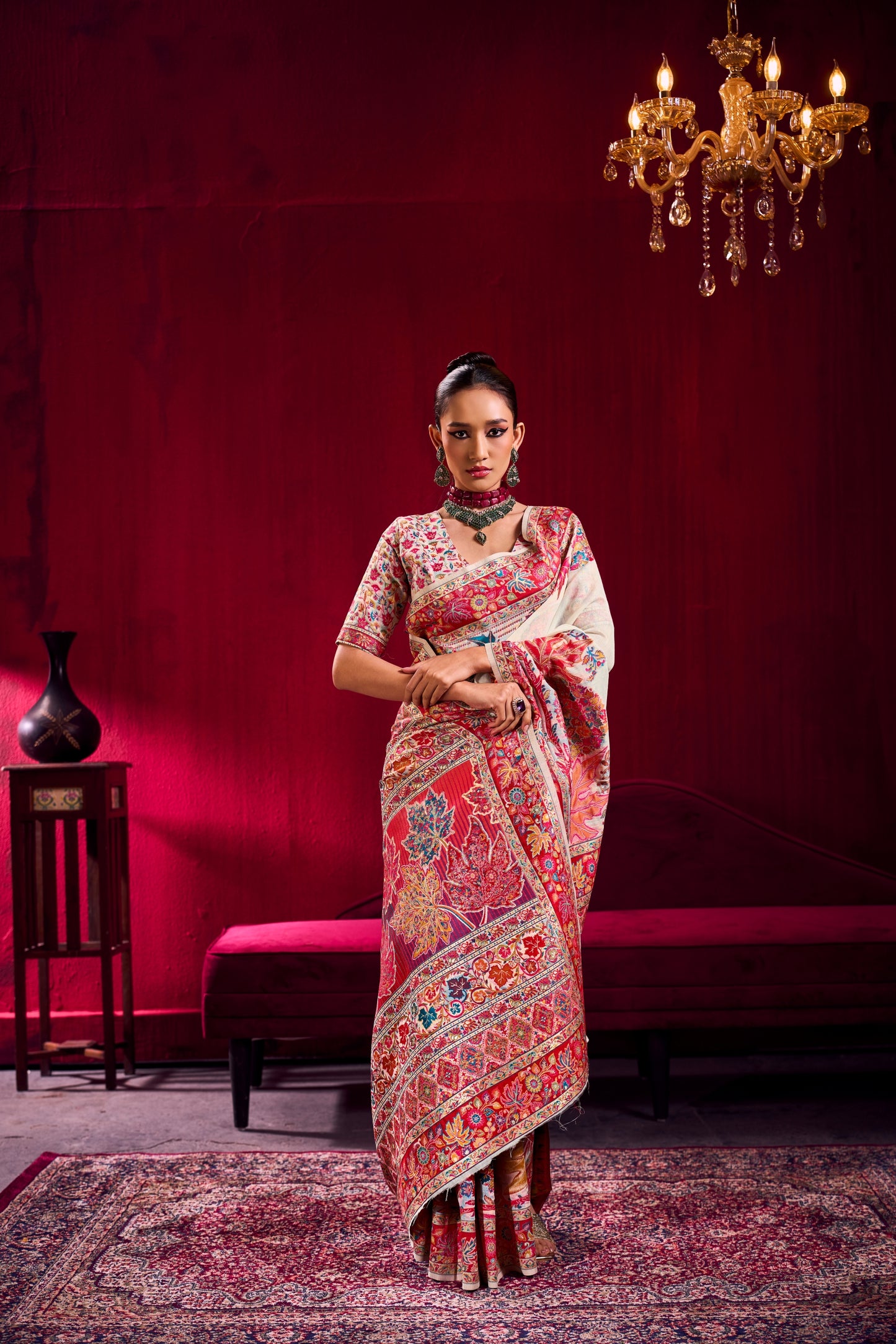 Elegant Ivory Silk Saree with Multicolor Kashmiri Floral Weaving Border