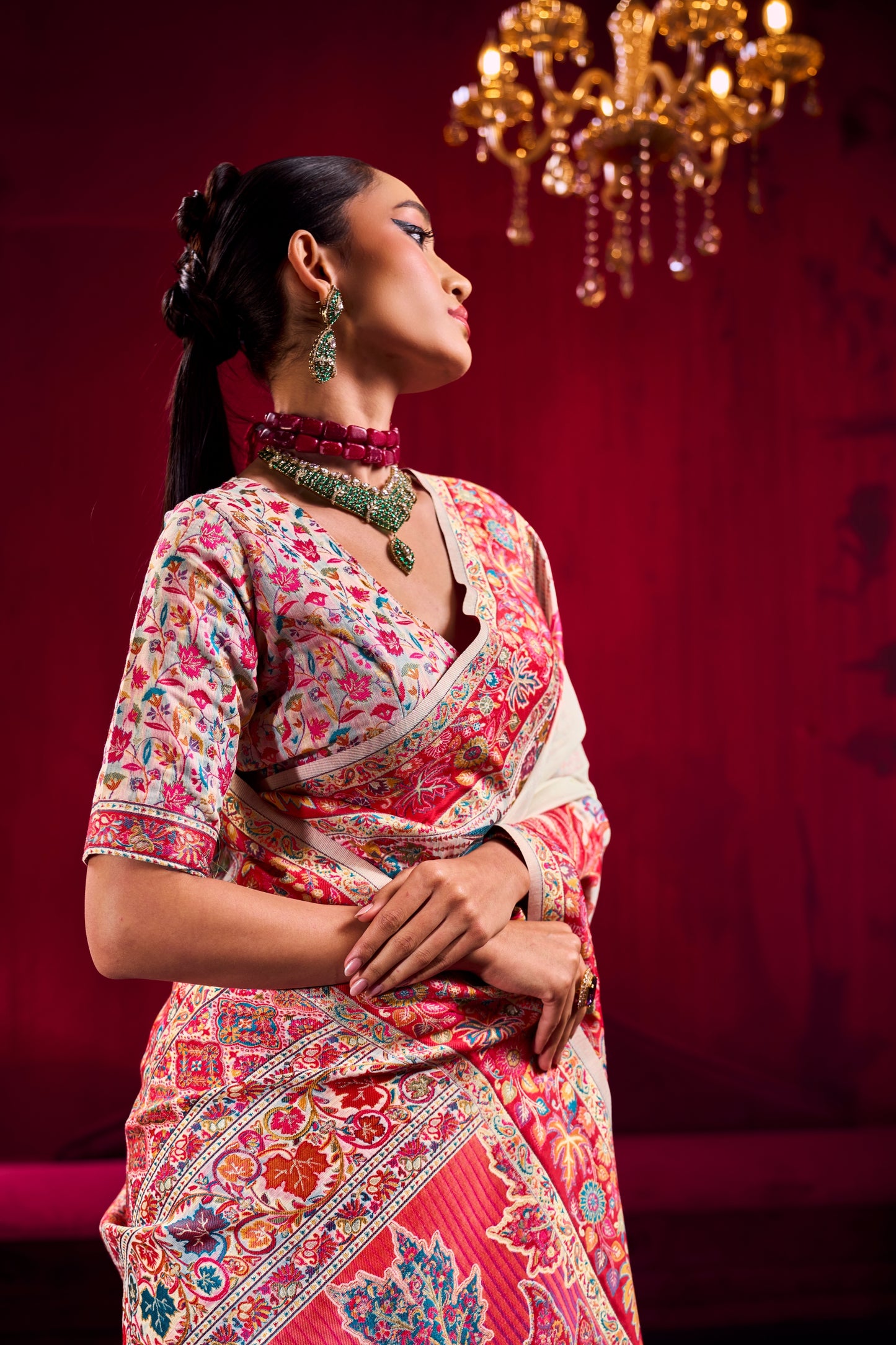 Elegant Ivory Silk Saree with Multicolor Kashmiri Floral Weaving Border