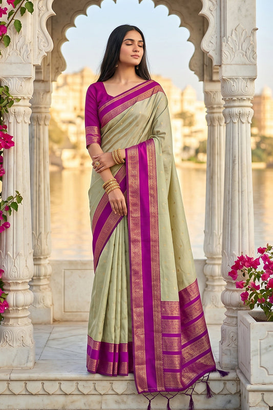 Elegant Light Sage Green Soft Silk Saree with Rani Pink Zari Border for Women