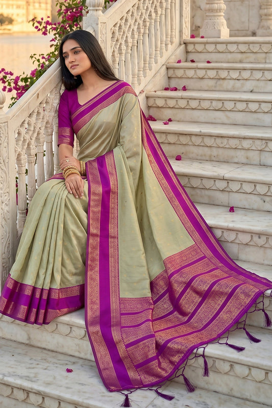 Elegant Light Sage Green Soft Silk Saree with Rani Pink Zari Border for Women