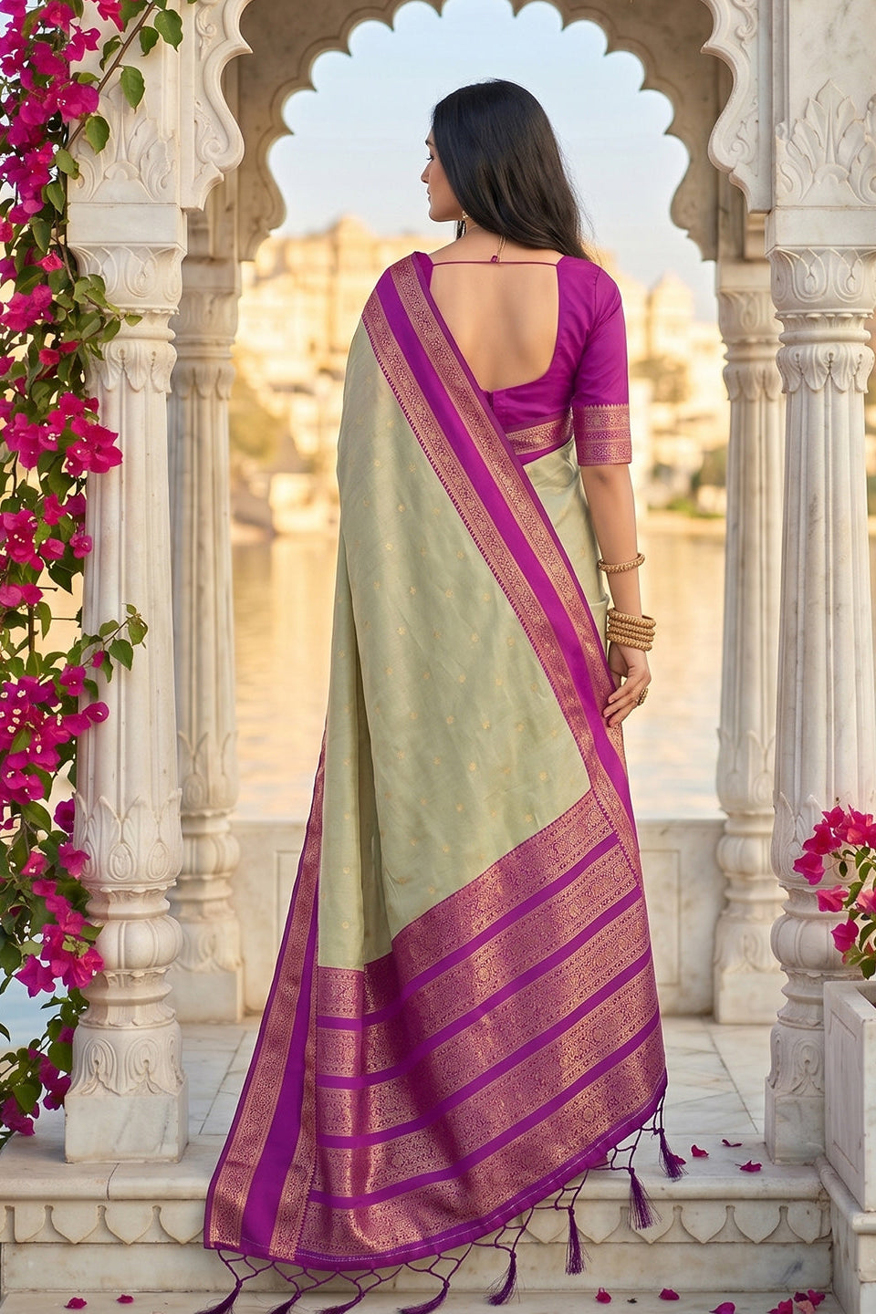 Elegant Light Sage Green Soft Silk Saree with Rani Pink Zari Border for Women