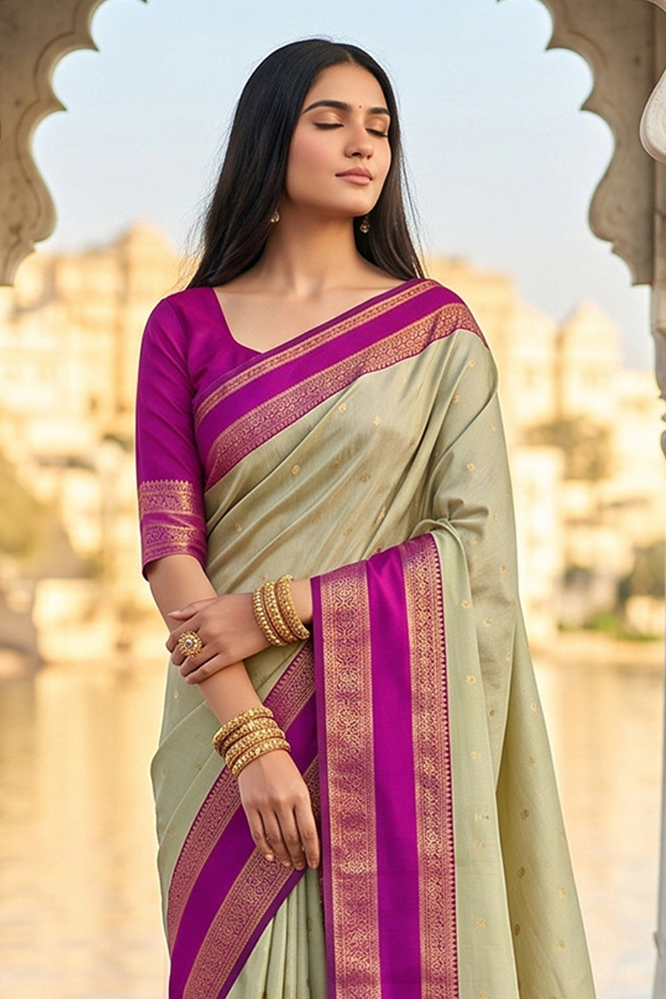 Elegant Light Sage Green Soft Silk Saree with Rani Pink Zari Border for Women