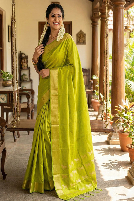 Elegant Lime Green Soft Silk Saree with Golden Zari Border
