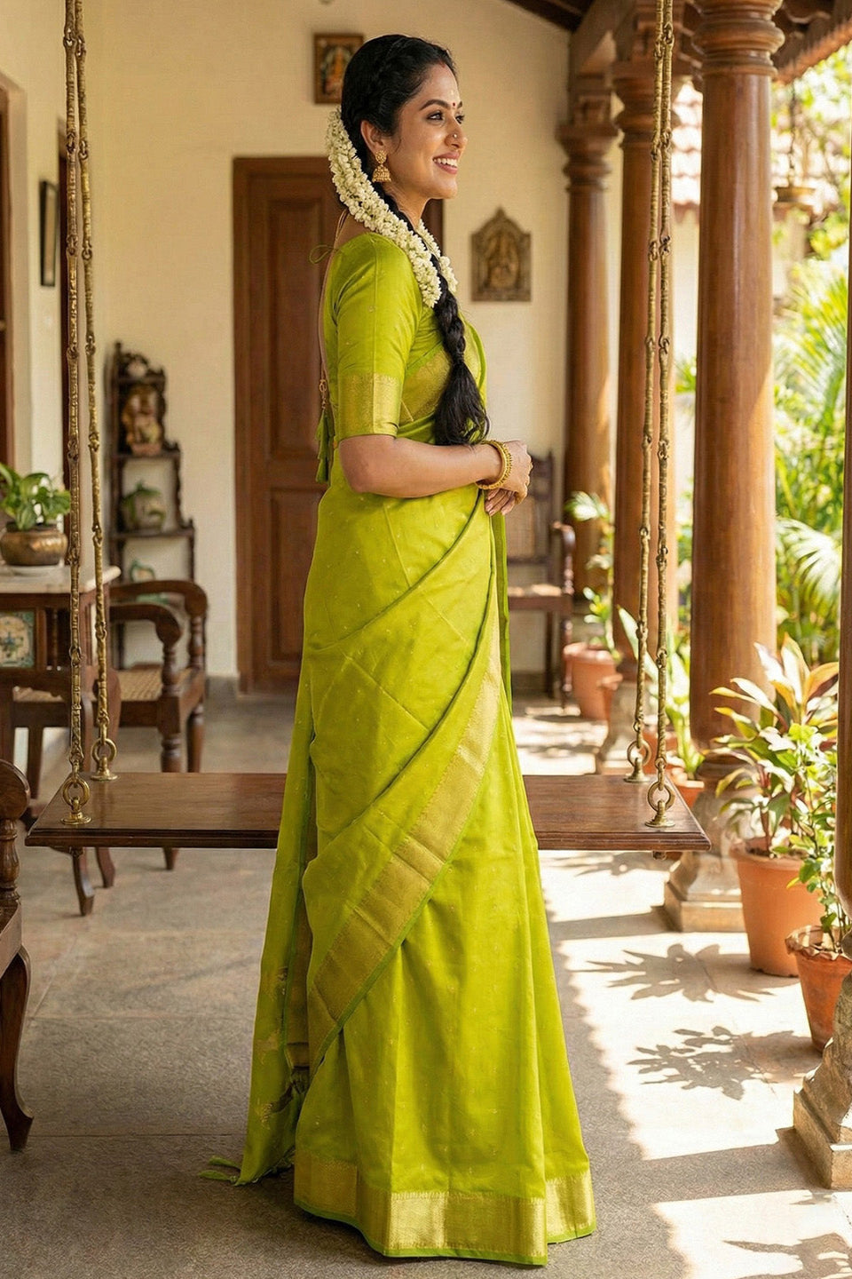 Elegant Lime Green Soft Silk Saree with Golden Zari Border