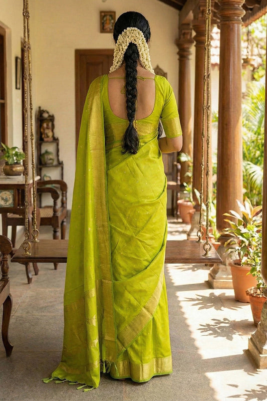 Elegant Lime Green Soft Silk Saree with Golden Zari Border