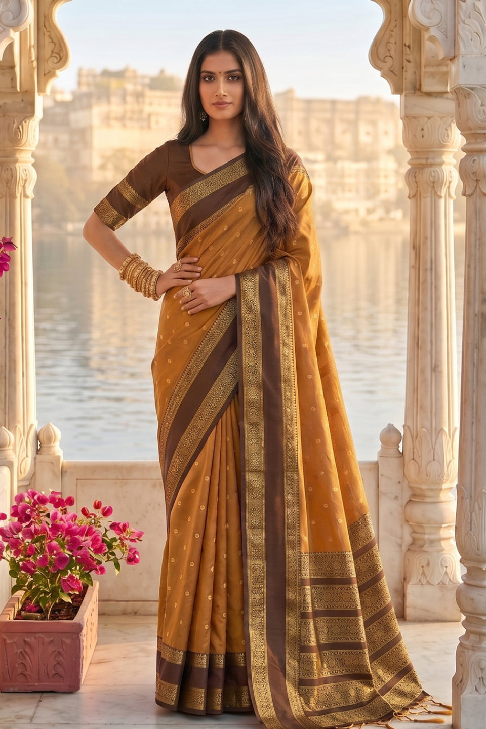 Elegant Mustard Brown Soft Silk Saree with Rich Golden Zari Border for Women