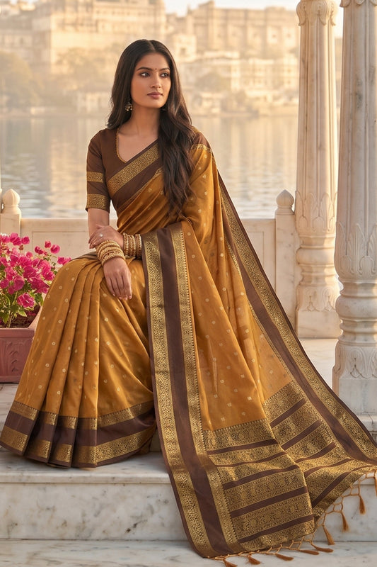 Elegant Mustard Brown Soft Silk Saree with Rich Golden Zari Border for Women