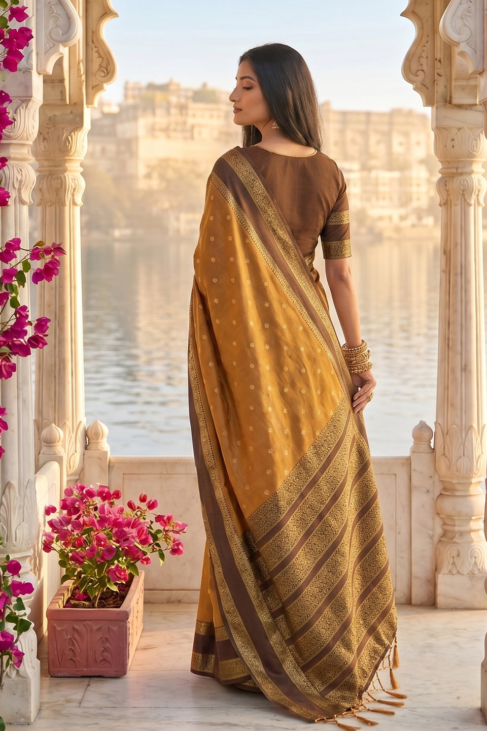Elegant Mustard Brown Soft Silk Saree with Rich Golden Zari Border for Women