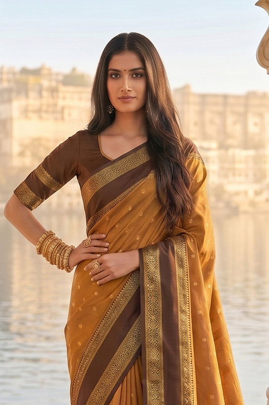 Elegant Mustard Brown Soft Silk Saree with Rich Golden Zari Border for Women