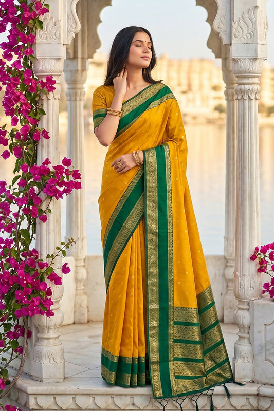 Elegant Mustard Yellow Soft Silk Saree with Green Zari Border for Women