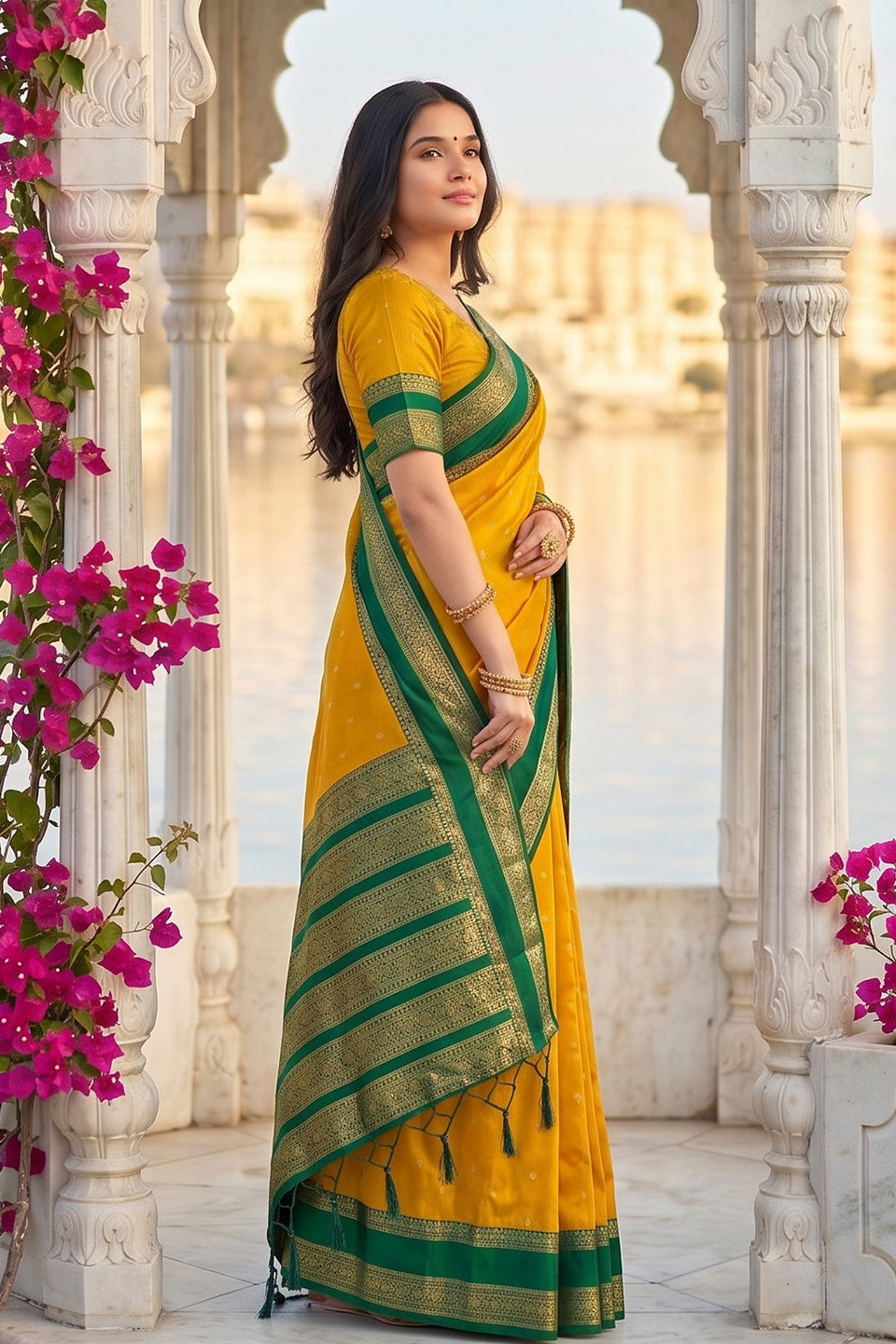 Elegant Mustard Yellow Soft Silk Saree with Green Zari Border for Women