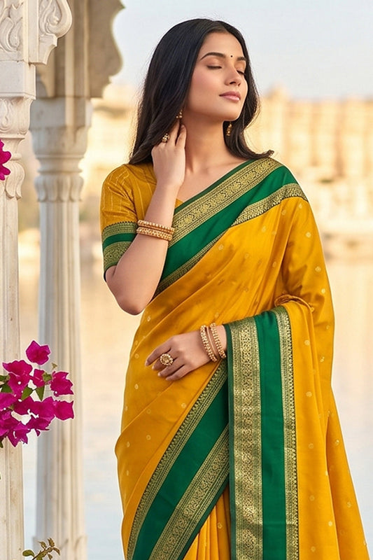 Elegant Mustard Yellow Soft Silk Saree with Green Zari Border for Women
