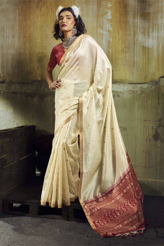 Elegant Off-White Silk Saree with Zari Butta and Contrast Maroon Pallu