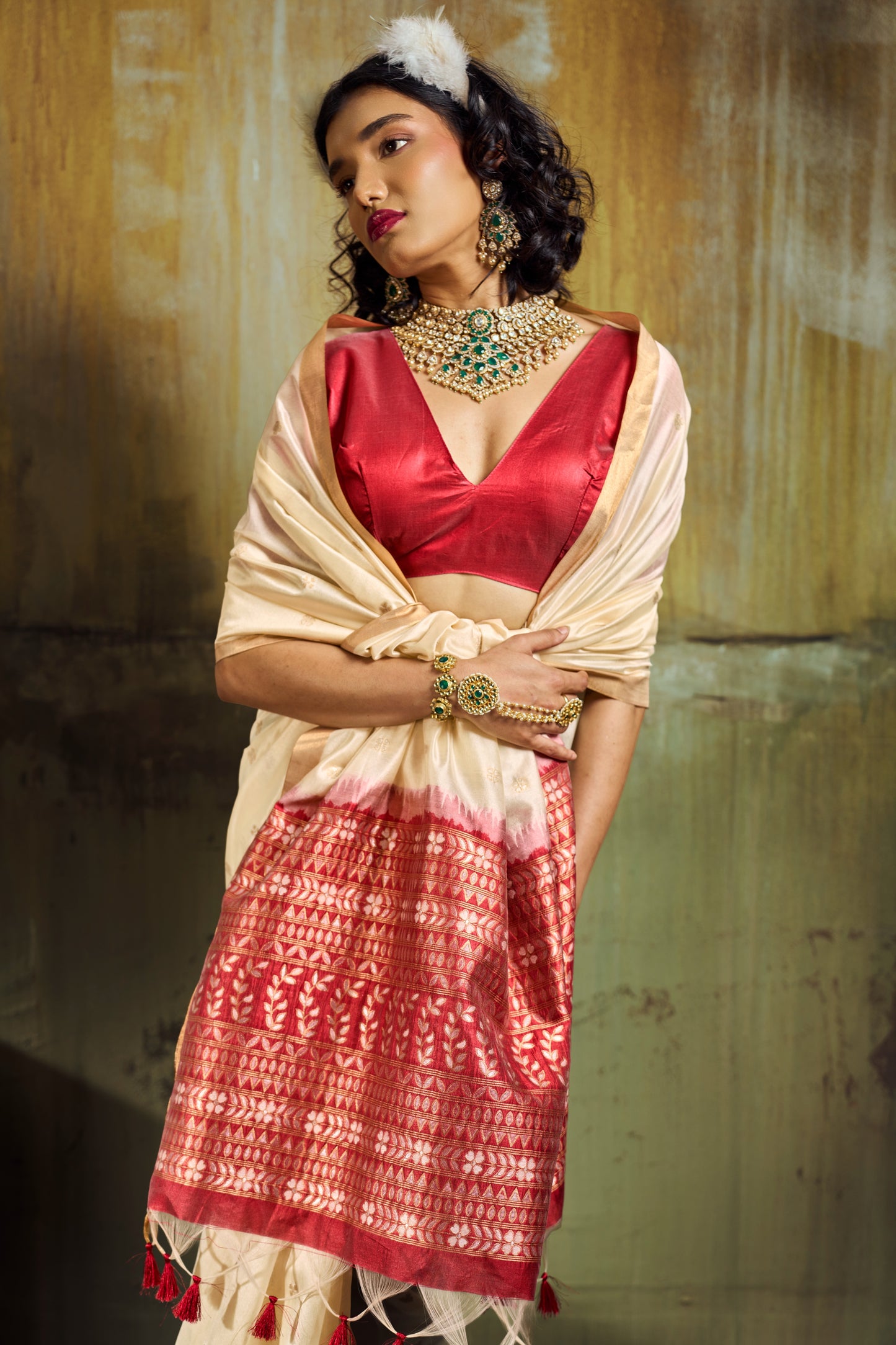 Elegant Off-White Silk Saree with Zari Butta and Contrast Maroon Pallu