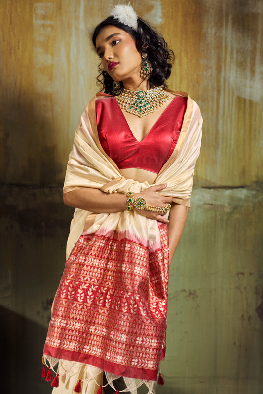 Elegant Off-White Silk Saree with Zari Butta and Contrast Maroon Pallu