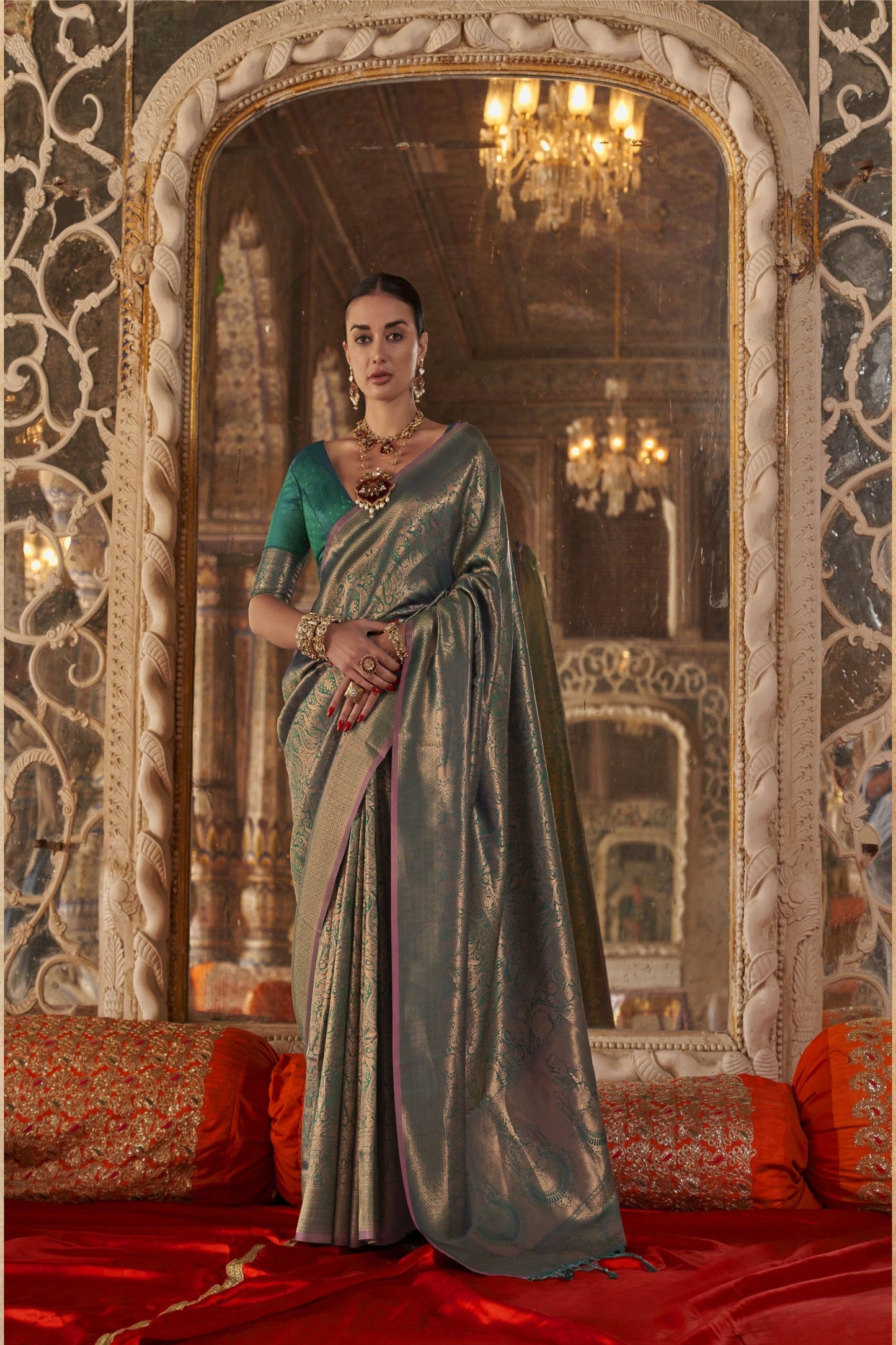 Elegant Olive Green Kanjivaram Silk Saree with Gold Zari Weaving