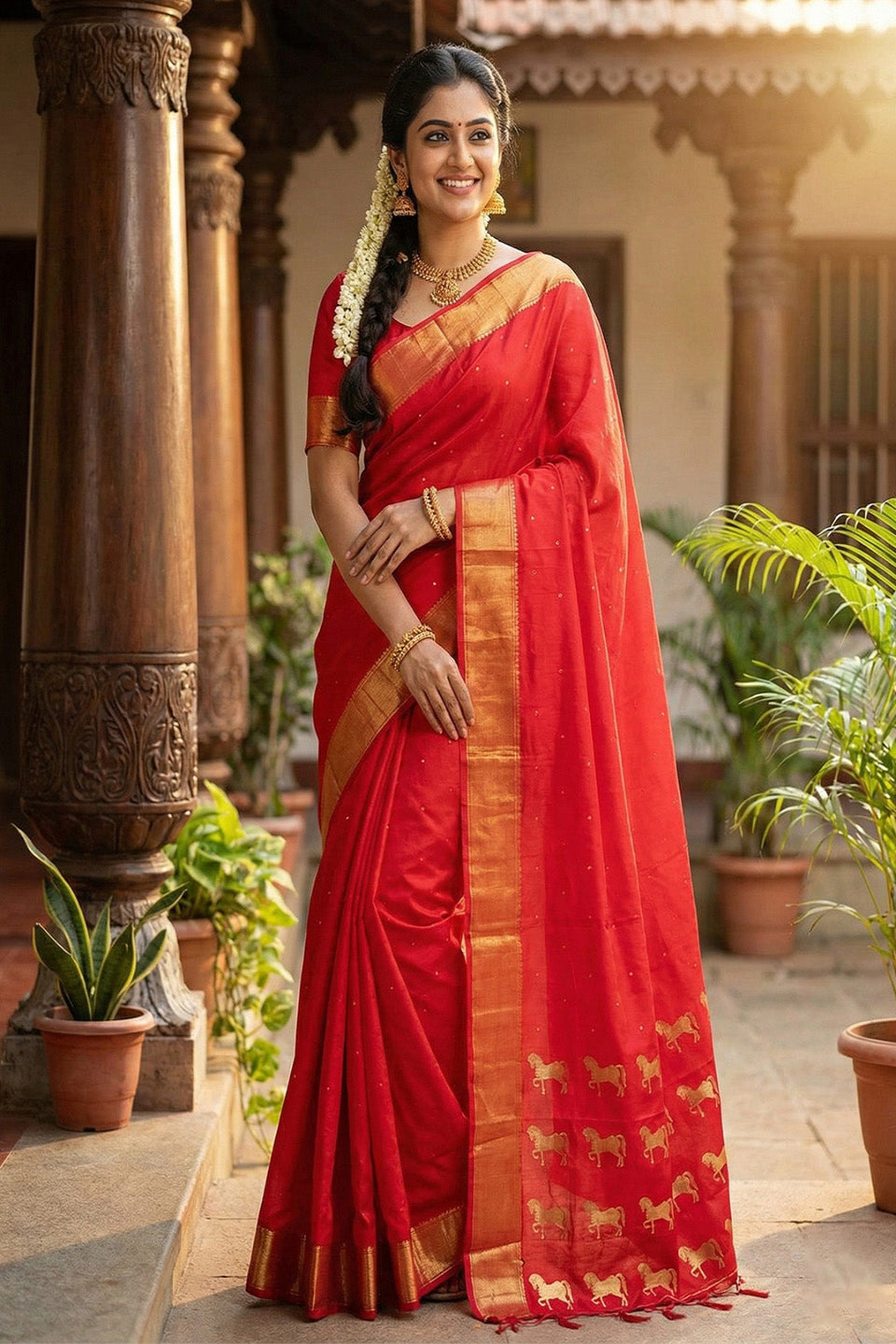 Elegant Red Soft Silk Saree with Golden Zari Border & Horse Motif Pallu for Women