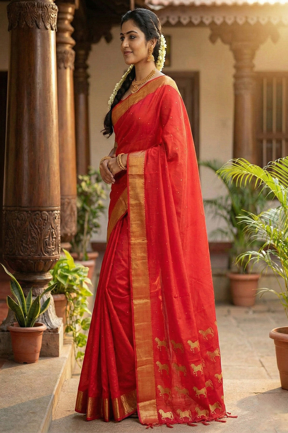 Elegant Red Soft Silk Saree with Golden Zari Border & Horse Motif Pallu for Women