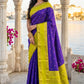 Elegant Royal Purple Soft Silk Saree with Lime Green Zari Border for Women