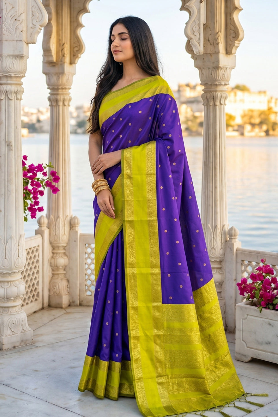 Elegant Royal Purple Soft Silk Saree with Lime Green Zari Border for Women
