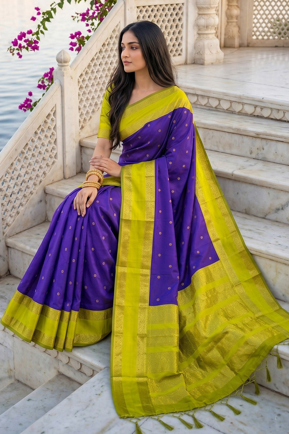 Elegant Royal Purple Soft Silk Saree with Lime Green Zari Border for Women