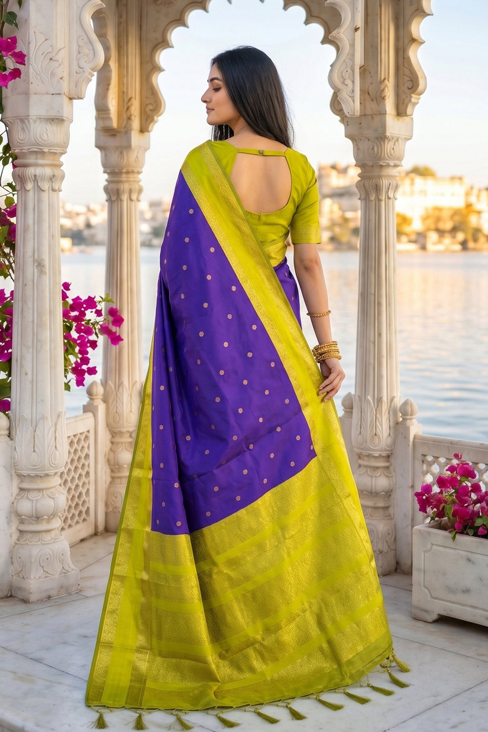 Elegant Royal Purple Soft Silk Saree with Lime Green Zari Border for Women