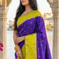 Elegant Royal Purple Soft Silk Saree with Lime Green Zari Border for Women