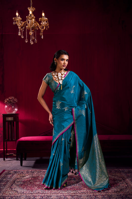Elegant Teal Blue Soft Silk Saree for Women with Zari Woven Blouse
